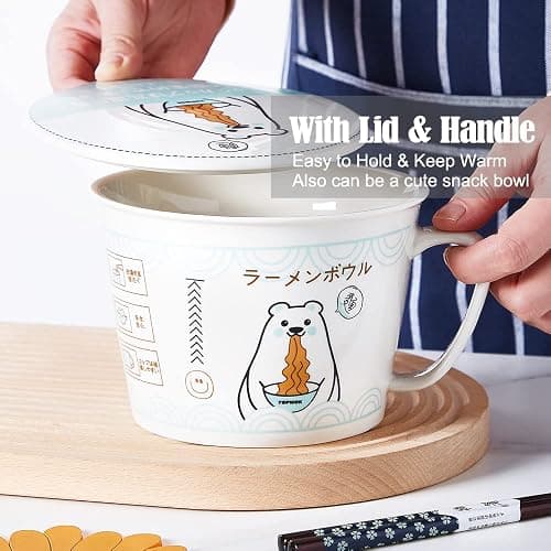 TOPWCK Cute Polar Bear Microwave Ceramic Ramen Bowl with Lid, soup bowls with handles, Gift for Noodle Lovers, ramen noodle microwave cooker, ramen gift Microwave and Dishwasher Safe (Polar Bear) thumbnail 4