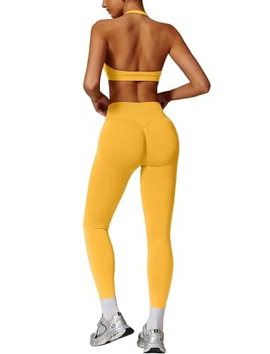 ABOCIW Workout Sets for Women Seamless Scunch Butt Lifting Impact Leggings Halter Sports Bra 2 Piece Gym Outfits - Image 1