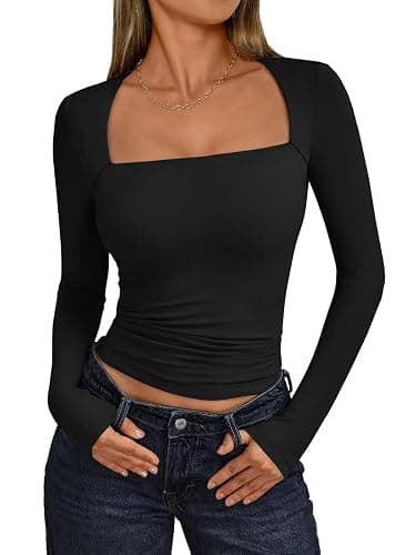 Trendy Queen Womens Long Sleeve Shirts Going Out Tops Square Neck Crop Workout Tops - Image 1