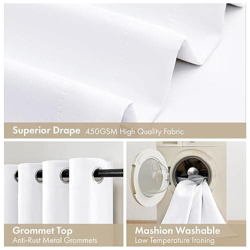 MIULEE White 100% Blackout Curtains for Bedroom 63 Inch Long, 2 Thick Layers Thermal Insulated Black Out Window Curtains with Black Liner, Noise Reducing Grommet Living Room Drapes 2 Panels Set thumbnail 7