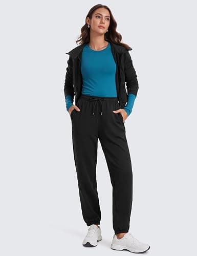 CRZ YOGA Fleece Sweatpants Women Cotton Joggers High Waisted Lounge Casual Travel Elastic Bottom Pants with Pockets thumbnail 3