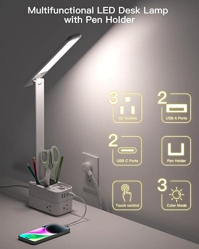 Addtam LED Desk Lamp with Pen Holder, Study Lamps with 3 Outlets 4 USB Charging Ports(2 USBC), 3 Color Modes Desk Light Touch Lamp, Small Desk Lamps for Home Office College Dorm Room Essentials thumbnail 2