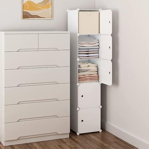 MAGINELS 5 Cube Storage Cabinet, Narrow Clothes Storage with Doors,Tall Plastic Standing Organizer Shelves for Small Spaces,Use to Closet,Bedroom,Livingroom,White(11.8x11.8inch) thumbnail 2