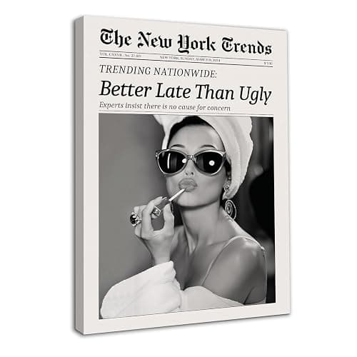 Dazzlewall Framed New York Trends Wall Art, Black and White Newspaper Better Late Than Ugly Funky Feminist Poster for Living Room Bedroom 12x16 in - Image 1