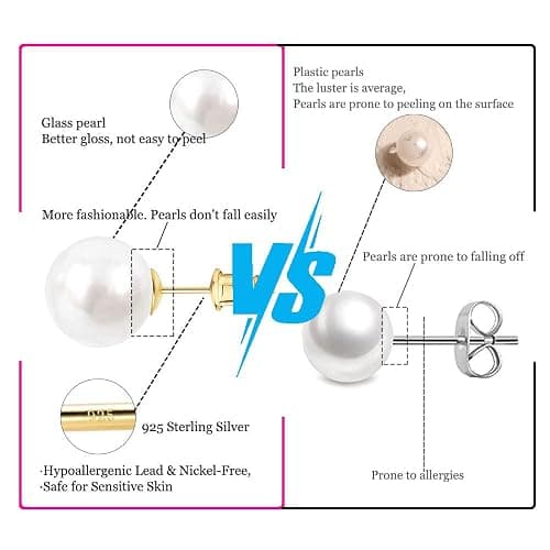 KNOWTODAY Hypoallergenic Pearl Earrings for Women 8-10 mm White Big Pearl Stud Earrings Set Nickel Free 12 Pairs Fake Pearls Earring Jewelry Gift for Bridal Wedding Christmas thumbnail 3