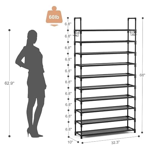 VTRIN 10 Tier Shoe Rack Tall Large Capacity Wide Shoe Organizer with Two Hooks Sturdy Metal Shoe Shelf for Entryway, Closet, Bedroom thumbnail 3