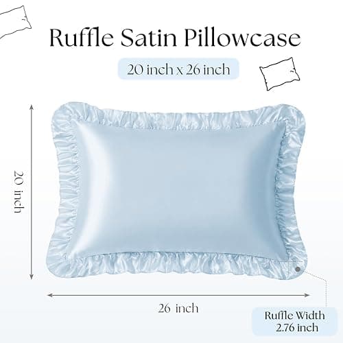 SiinvdaBZX Ruffled Standard Satin Pillowcase Set of 2, Baby Blue | 20 x 26 Inch Silky Satin Pillow Cases for Women Ruffle Pillow Shams Covers Princess Room Decoration, Envelope Closure thumbnail 3