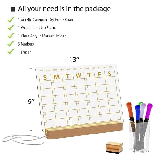 Light Up Clear Dry Erase Calendar 13 x 9 inch with 5 Markers, Acrylic Lighting Markable Calendar Board Agenda for Bedroom/Office/Home/Kitchen thumbnail 2