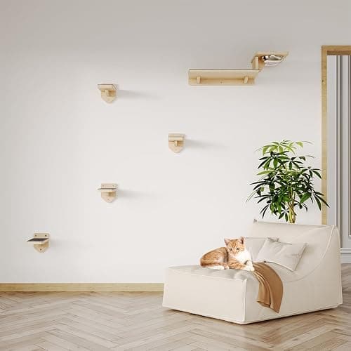 MeowHomm Cat Wall Shelves, Wood Cat Feeding Shelf with 4 Non-Slip Steps, 2 Food Bowls, Wall-Mounted Furniture for Kittens thumbnail 7