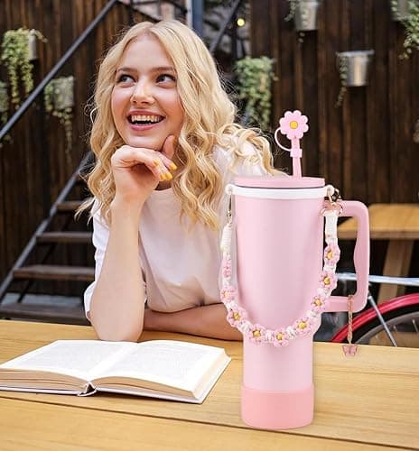 Sanilinwild 40 oz Tumbler with Handle and Straw & 6PCS Cup Accessories-BPA-Free Travel Mug Water Bottle-Easy to Carry-Travel Coffee Mug - Dishwasher Safe-Holiday Gifts for Women Men (Pink Dusk) - Pink Dusk thumbnail 8