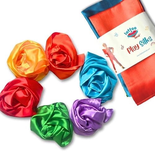Lattooland Sensory Play Scarves – 6 Pcs | Multicolor Dance & Music Scarves for Kids | Juggling Scarves for Girls, Boys | 20" x 20" Soft Play Silks for Children | Rainbow Playsilks Babies 6 Months+ thumbnail 5