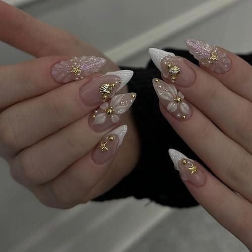 Spring Summer Press On Nails Medium Almond Fake Nails French False Nails With Flower Starfish Designs Acrylic Nail Press Ons Glossy Stick On Nails Full Cover Glue On Nail For Women 24Pcs thumbnail 2
