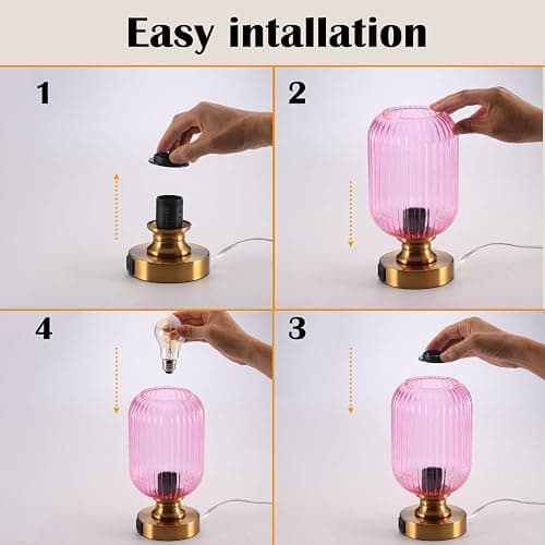 MAINDECO Mid Century Glass Table Lamp,Dimmable Desk Lamp,LED Bulb Included,Touch Control & USB A+C Port,Pink Ribbed Glass thumbnail 9