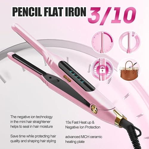 Mvxitanny Mini Flat Irons for Short Hair,Pixie Cut & Bangs,Pencil Hair Straightener for Edges with LED Display,Small Hair Straightener with Dual Voltage,Ease to use and Fast 15 Second Heat up（Pink） thumbnail 4