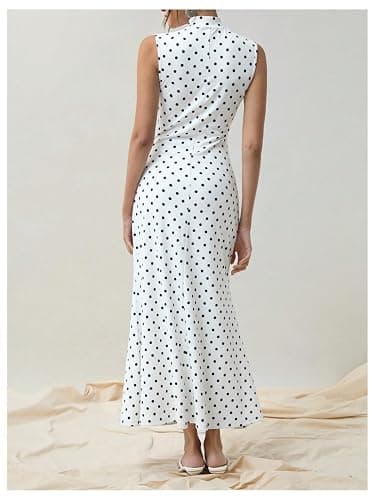 Milumia Women's Polka Dots Maxi Tank Dress Vintage Mock Neck Sleeveless Elegant Long Dresses thumbnail 2