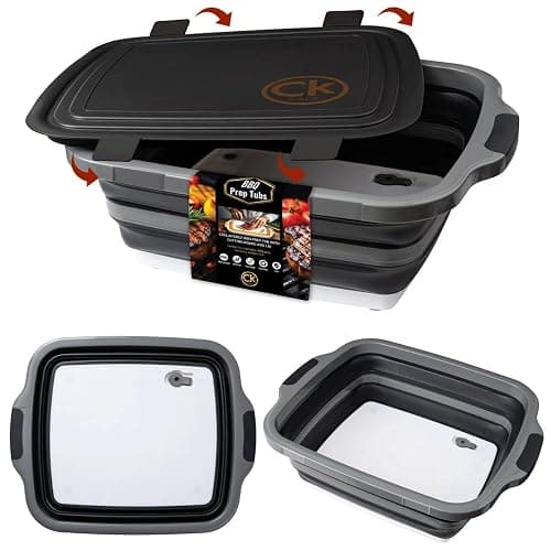 CK GOLD Collapsible BBQ Prep Tub - Includes Cutting Board, LOCKING Lid & Strong Drain Hole for Meal Prep & Marinating | BPA-Free, Food-Grade BBQ & Meat Prep Tubs, Best Grilling Gifts (Black, 8 L) - Image 1