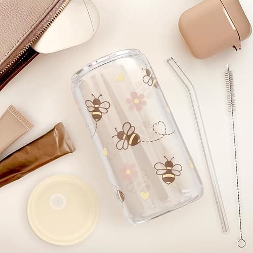 SANDJEST Bee 16oz Can Glass Tumbler with Acrylic Lid & Straw - Iced Coffee Cup for Women Girls, Aesthetic Cups Gifts for Birthday Christmas thumbnail 5