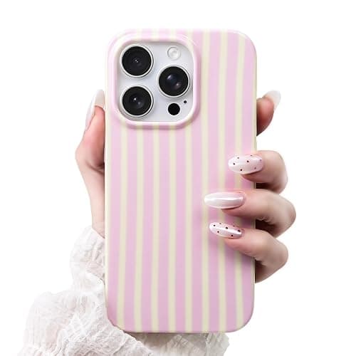 SleekCover Compatible with iPhone 14 Pro Case,Cute Aesthetic Striped Pattern Cover for Women Girls,Soft TPU Shockproof Protective Stylish Kawaii Case for iPhone 14 Pro 6.1",Pink/Yellow - Image 1