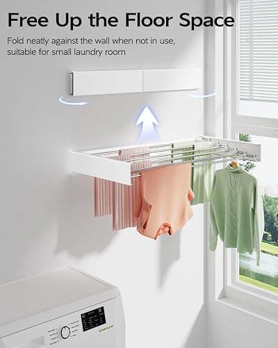 Vikaqi Wall Mounted Clothes Drying Rack 100CM, Foldable Wall Mount Laundry Rack Folding Indoor, Drying Rack Clothing Collapsible, Towel Rack with Wall Template, 6 Rods, White thumbnail 3