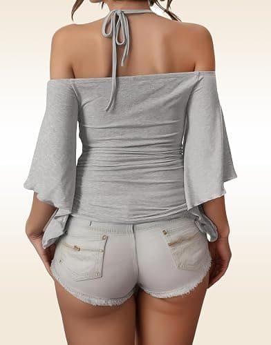 Off The Shoulder Tops for Women, Casual Bell Sleeve 3/4 Length Going Out Halter Neck Top thumbnail 5