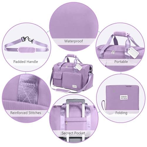 Foldable Travel Duffel With Wet and Dry Separation - Lightweight Large Capacity Holdall for Gym, Sports, Hospital, Overnight Weekend - Purple thumbnail 6
