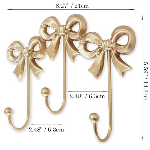 Small Bow Wall Hook,Gold Wall Mounted Functional Hooks,Antique Gold Cast Iron Hook for Coats,Bags, Bath Towels,Room Decorations,Girls Room,Bathroom,Office(Three-Bows Hooks:8.27x5.59 inches) thumbnail 7