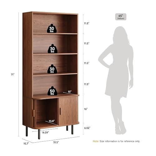 ONBRILL 71" Tall Bookshelf, 4-Tier Bookcase with Storage Cabinet & Adjustable Storage Shelf, Freestanding Wood Bookshelf with Sliding Door and Adjustable Footpad, for Home Office, Living Room, Walnut thumbnail 2