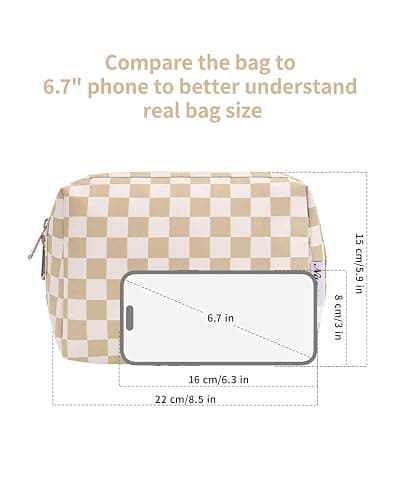 Narwey Checkered Makeup Bag Travel Cosmetic Bag Organizer Toiletry Bag Make Up Bags with Compartments for Women Girls (Large, Light Checkerboard) thumbnail 5