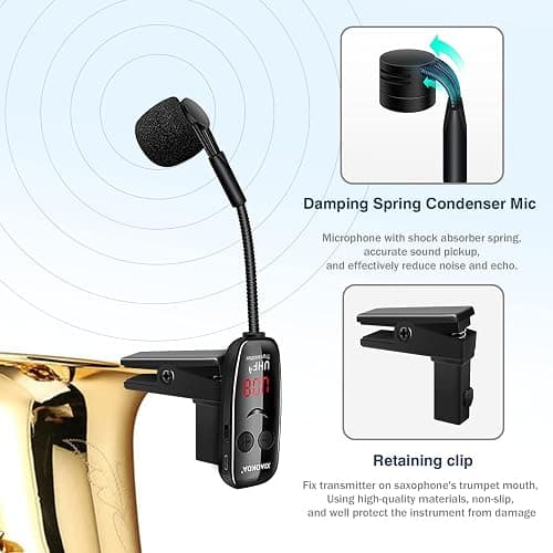 Wireless Saxophone Microphone, UHF Microphones for Sax, Charging Clip Mic with Digital Display, for Trumpet Tuba Trombone Cornet FrenchHorn Instrument Practice Teaching Street Bars Stage Performance thumbnail 2