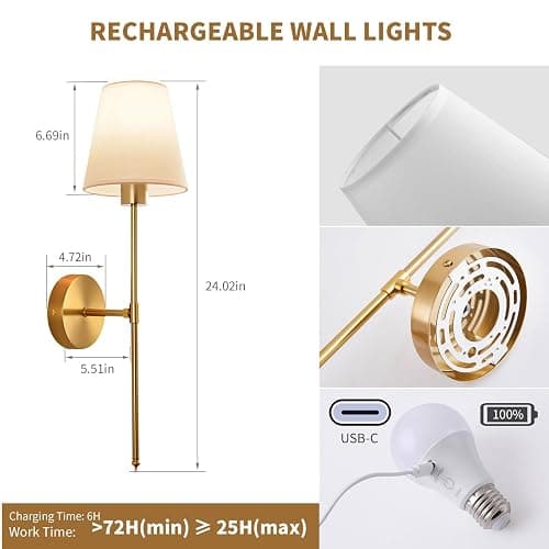 Cyaruy Battery Operated Wall Sconce Set of 2, Gold Rechargeable Wireless Wall Lights with Remote - 5000mAh Dimmable RGB Bulbs | 15 Color, Cordless Wall Lamps for Bedroom, Living Room, Hallway Decor thumbnail 2