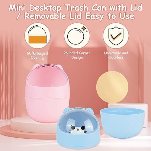 IBEQUEM Mini Trash Can, Cute Small Trash Can with Lid, Desktop Paper Bin with 5 Rolls of Bin Liners, Portable Tabletop Dustbin, Cartoon Animal Rubbish Storage for Office Bedroom Desk Car Kitchen(Pink) thumbnail 4