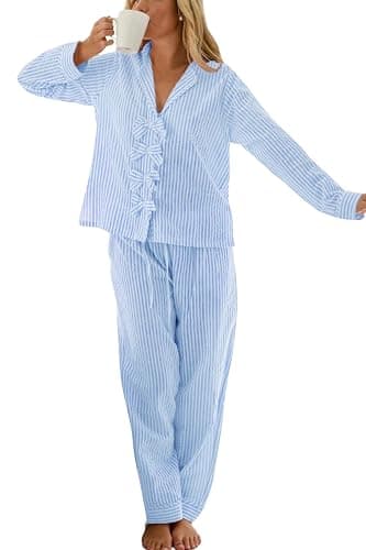 codcm Womens Striped Pajama Set Bow Tie Front Cute Pj Set Long Sleeve Shirt and Wide Leg Comfy Lounge Set - Image 1