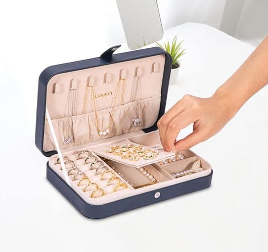 LANDICI Small Jewelry Box for Women Girls, PU Leather Travel Jewelry Case, Portable Jewelry Organizer Storage Holder Display for Ring Earrings Necklace Brooch Men Kids Gift, Dark Blue thumbnail 2