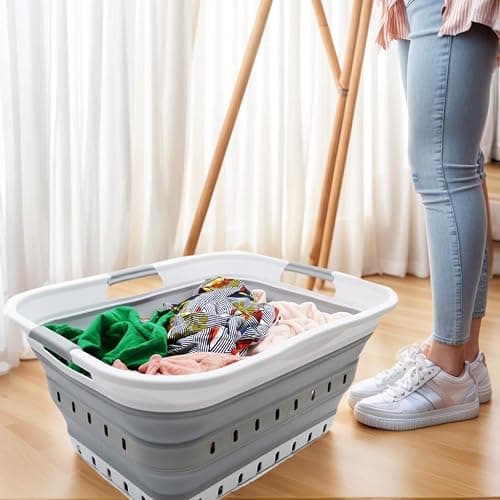 SAMMART 42L (11 gallon) Collapsible Plastic Laundry Basket - Foldable Pop Up Storage Container/Organizer - Space Saving Hamper/Basket (1, White/Grey) thumbnail 7