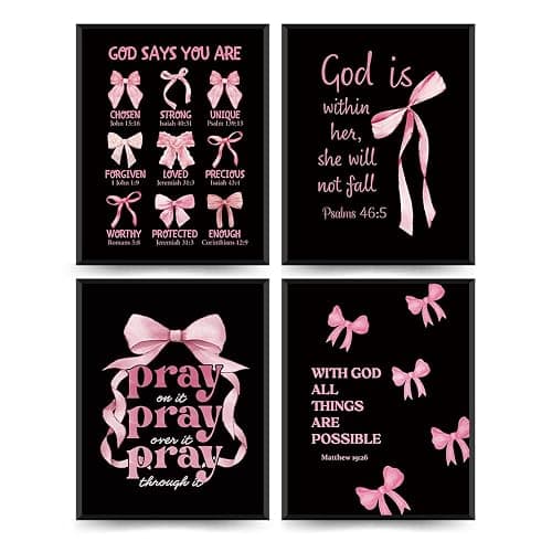ETVISO Pink and Black Room Decor, Christian Wall Art, Coquette Pink and Black Bow Wall Art Posters Set of 4, Dorm Decor for College Girls, Bow Room Bedroom Bathroom Wall Art Decor 8x10(Unframed) - Image 1