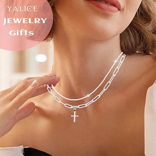 Yalice 925 Sterling Silver Sparkly Necklace Layered Dainty Chain Necklace Silver Cross Pendant Paperclip Necklaces Waterproof Minimalist Jewelry Gifts thumbnail 6