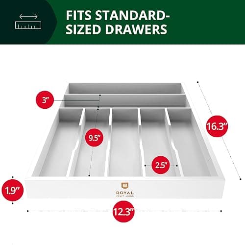 ROYAL CRAFT WOOD Luxury Bamboo Kitchen Drawer Organizer - Silverware Organizer - Utensil Holder and Cutlery Tray with Grooved Drawer Dividers for Flatware and Kitchen Utensils (7 Slot, White) thumbnail 3
