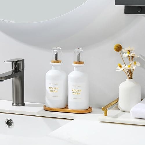 BONLONG 11.8OZ Mouthwash Dispenser for Bathroom with Bamboo & Stainless Steel Pour Spout, Mouthwash Cups Reusable, Bamboo Tray, and Elegant Gold Label. Set of 2（White thumbnail 2