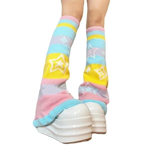 LIURONGNI Candy Color Rainbow Reversible Flared Leg Warmers with Sweet Star Pattern for Women Aesthetic Knitted Foot Covers Socks thumbnail 3
