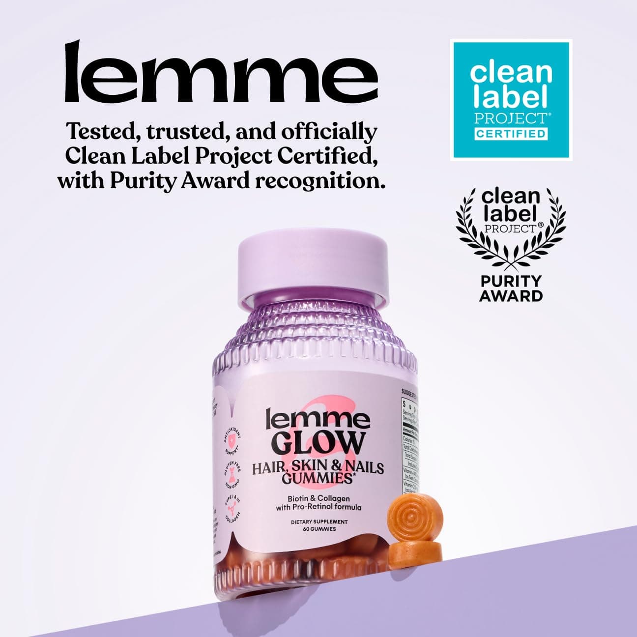 Lemme Glow Collagen Hair Gummies for Strong, Thick Hair & Reduced Shedding with Multi-Collagen Peptides, Biotin, Trace Minerals, Zinc, Vitamins A, C & E, Dairy & Gluten Free, Peach Flavor, 60 ct. thumbnail 5