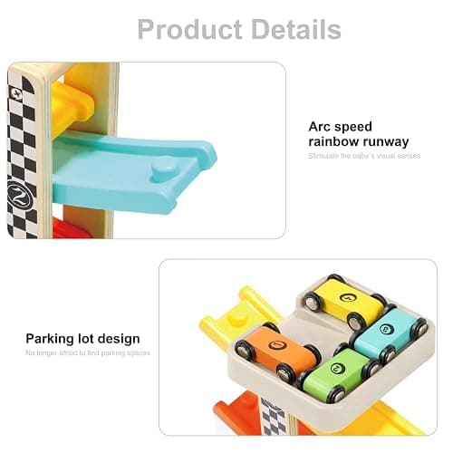 Toddler Toys for 1 2 Year Old Boy and Girl Gifts Wooden Race Track Car Ramp Racer with 4 Mini Car thumbnail 5