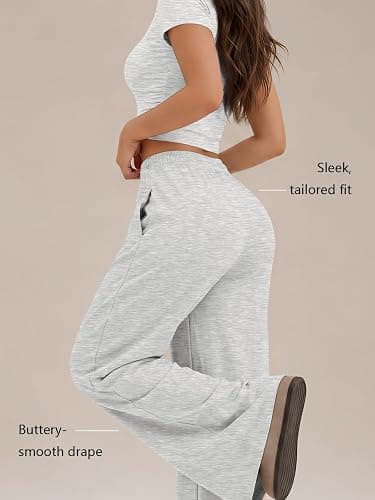 Trendy Queen Women's 2 Piece Matching Summer Lounge Set with Pockets | Vacation Airport Travel Outfits, Workout Gym Clothing Comfy Athleisure Clothes, Side-ruched Top, Drawstring Wide Leg Pants thumbnail 4