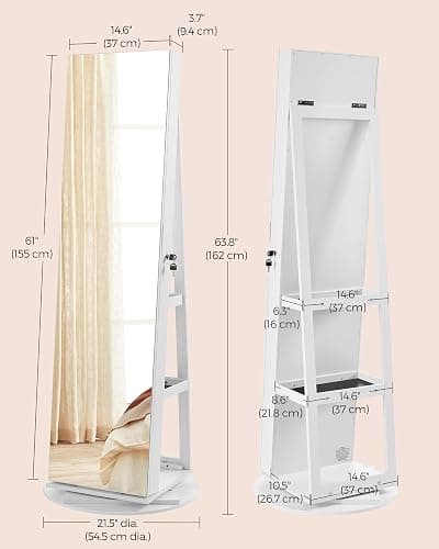 SONGMICS 6 LEDs Mirror Jewellery Cabinet, 360° Swivel Jewellery Storage Organiser, Lockable, Free-Standing Frameless Full-Length Mirror with Storage, White Surface, Black Lining JJC007W01 thumbnail 3