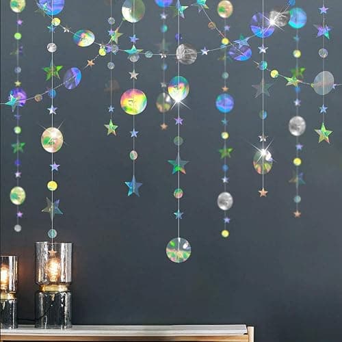 Cheerland Iridescent Party Decorations Holographic Star Garland Hanging Stars Moon Streamer Galaxy Birthday Decoration Ramadan Eid Banner Baby Shower Backdrop Space Alien Celestial Party Decor - Image 1