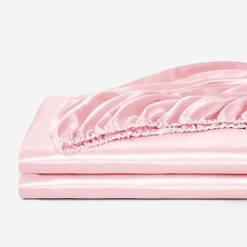 NSGZ Satin Fitted Sheet Twin, Single Silky Fitted Sheet Only Soft Deep Pocket Bottom Bed Sheets, Wrinkle Free & Fade Resistant & Breathable Bottom Sheets- Pink thumbnail 6