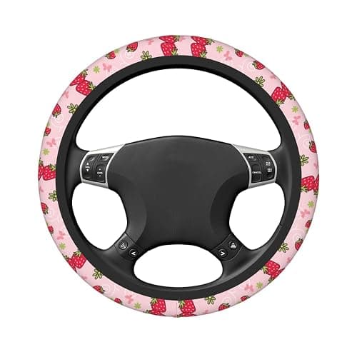 Pink Strawberry Steering Wheel Cover for Women, Universal Auto Steering Wheel 14-15 Inch Car Interior Accessories with 2PCS Car Coasters, Suitable for Men and Women thumbnail 4