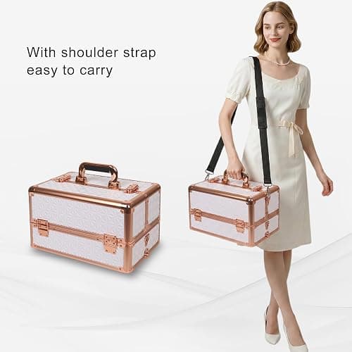 Yujesyde Rolling Makeup Train Case, 6 in 1, White | With Mirror & Lock, Professional Makeup Travel Case, Large Cosmetic Organizer for Cosmetologists & Nails thumbnail 7