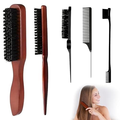 Spazzola Setole Cinghiale,5pcs Styling di Capelli e Barba Spazzola per Capelli con Manico Set per Styling di Capelli e Barba,assaggio del Cuoio Capelluto Uomo e Donna - Image 1