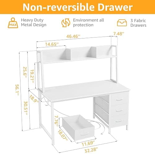 DLisiting White Computer Desk with Hutch & Drawers - Office Desk with 3 Storage Drawers and Power Outlets, 47 Inch Modern Study Writing Desk for Bedroom Home Office thumbnail 3