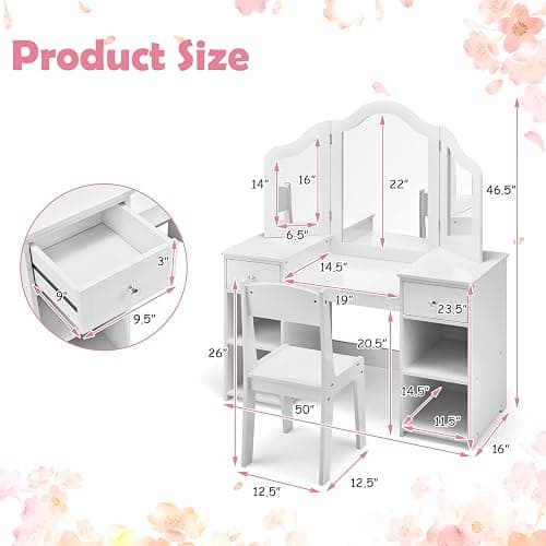 AKUSTIK Kids Vanity, 2 in 1 Wooden Princess Makeup Table and Chair for Toddlers with Tri-Folding Detachable Mirror, Storage Drawers for Little Girls, Pretend Beauty Dressing Desk Play Set Toy Gift thumbnail 2